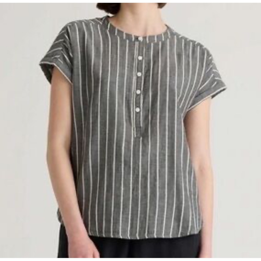 Quince Womens Striped Henley Top XS Gauzy Relaxed Fit Short Sleeve Gray White